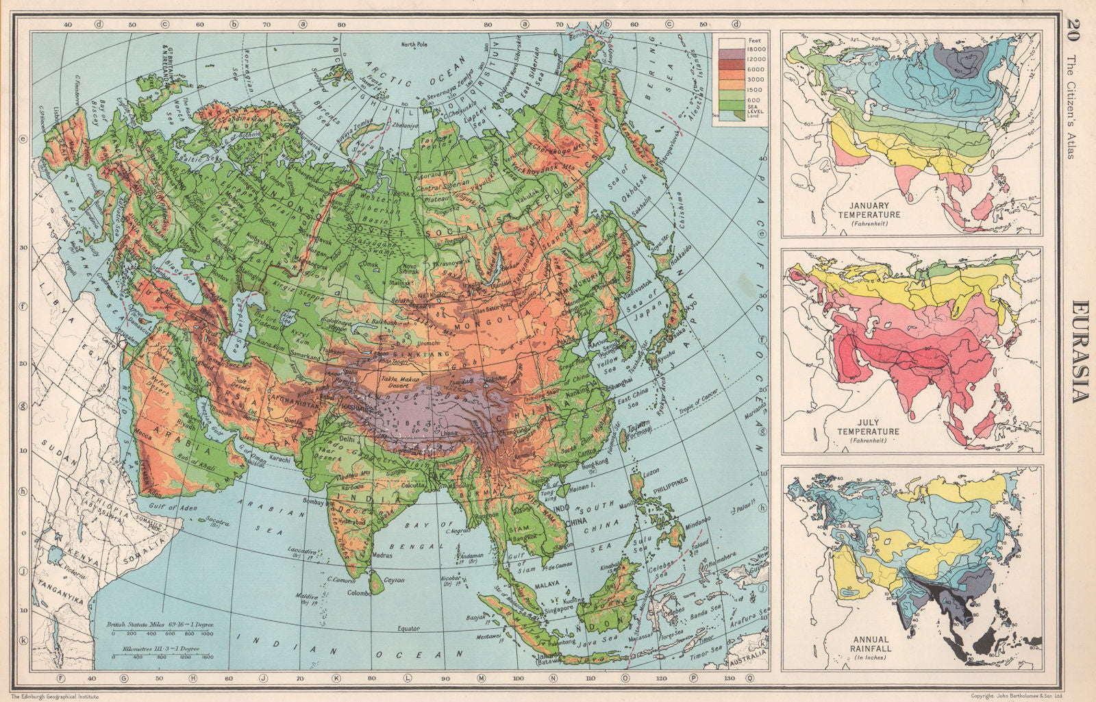 EURASIA. Europe Asia. January July temperature. Rainfall. BARTHOLOMEW 1952 map